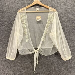 New Mudd Top Women XL Beige Floral Embroidered Sheer Tie Up V-Neck Long Sleeve